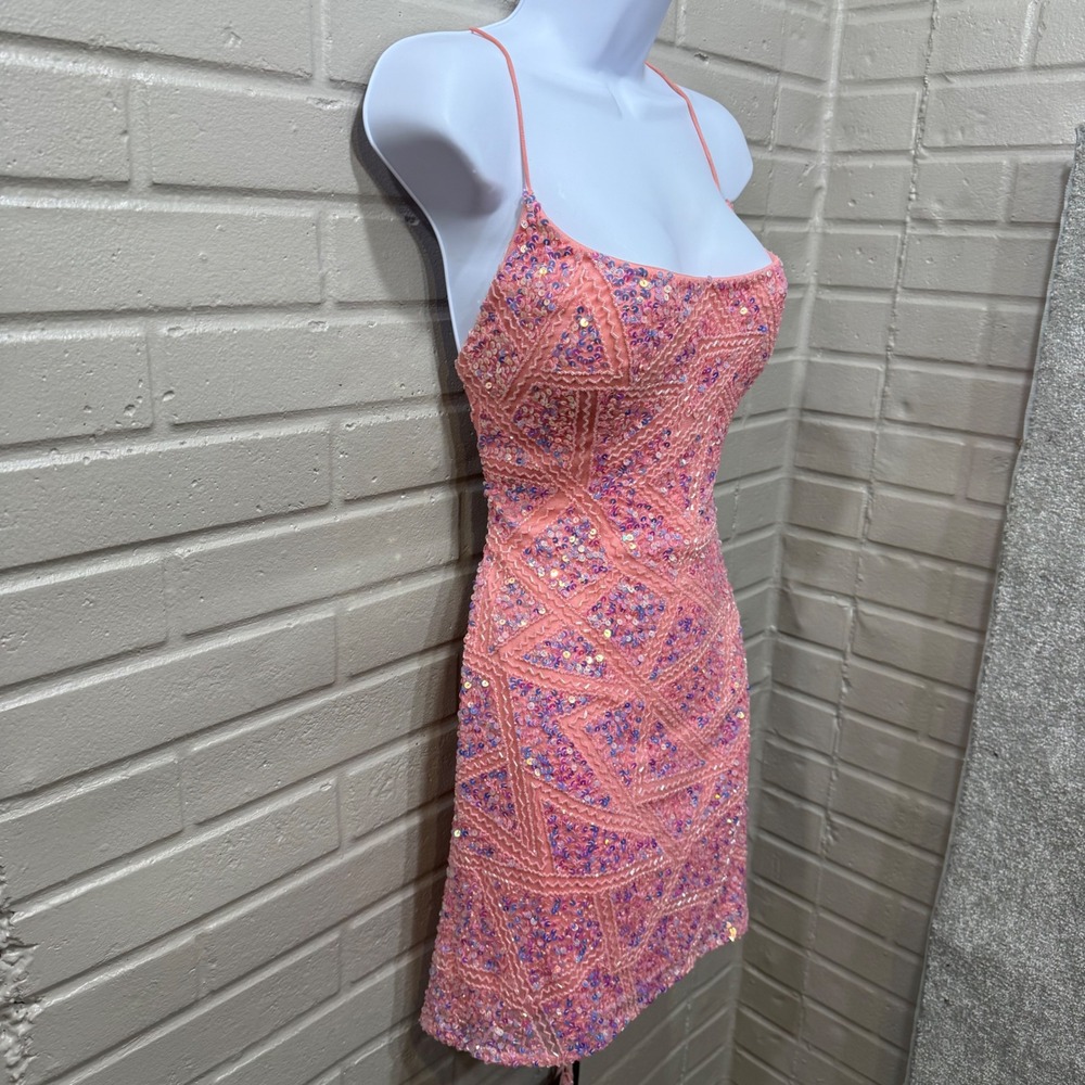 Aleta 777 Sequin Beaded Lace Up Back Mini Dress Bubblegum Pink 10 Prom Cocktail - Picture 3 of 16